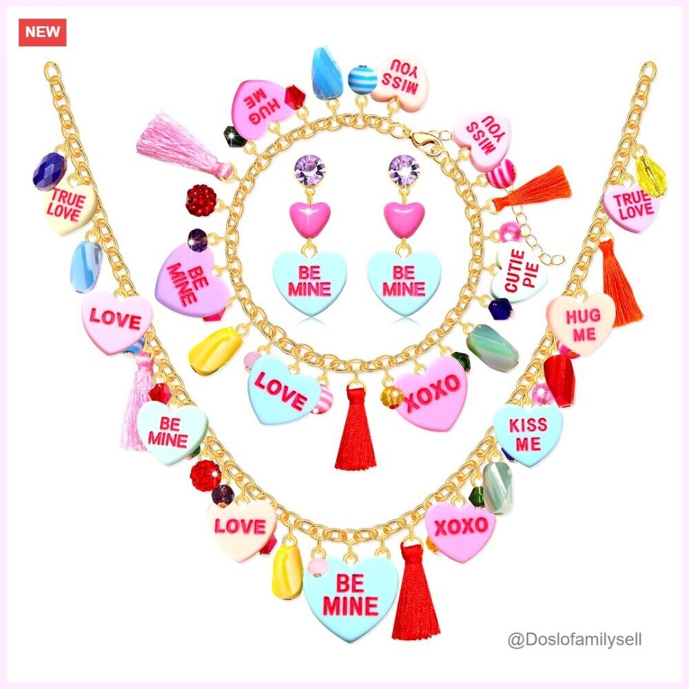 Candy Heart Jewelry Set Conversation Charm Necklace Bracelet Earrings Valentine